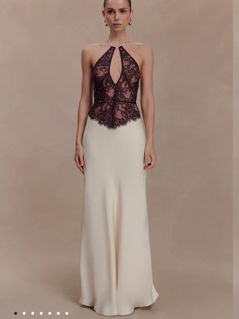 Meshki Strapless Two-Tone Lace Bodice Evening Gown in Brown and Ivory